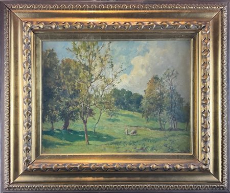 Giovanni Cappa Legora "Pascoli a Vezzo (Stresa)" agosto 1942
olio su cartone (cm