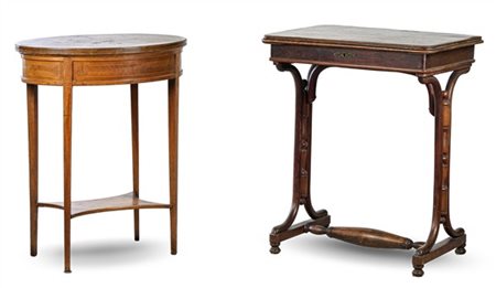 Lotto composto da un tavolino di forma ovale lastronato, filettato e intarsiato