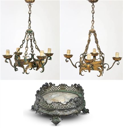 Lotto composto da coppia di lampadari ed un centrotavola in rame argentato con