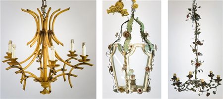 Lotto composto da un lampadario e una lanterna a sospensione in ferro battuto e