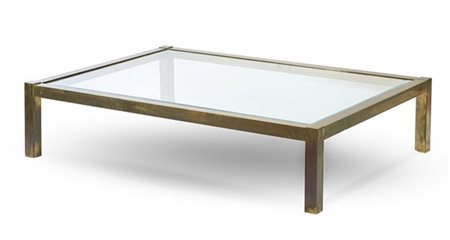 Tavolino da salotto rettangolare in ottone con piano in cristallo (cm 138x32x10