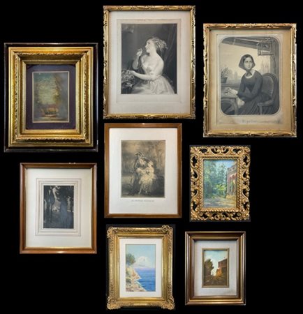 Lotto composto da quattro dipinti raffiguranti paesaggi di autori, tecniche e m