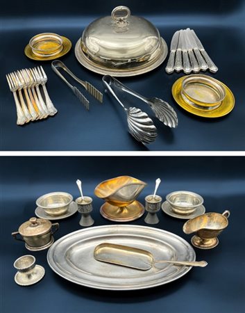 Cartone contenente numerosi oggetti per la tavola in metallo argentato e altri