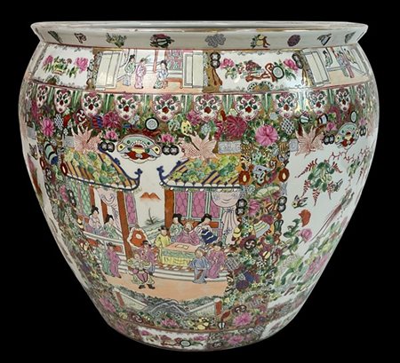 Cachepot in porcellana policroma e dorature. Cina, secolo XX (h. cm 52; d. cm 5