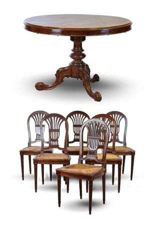 Lotto composto da tavolo in mogano massello e lastronato con piano circolare a