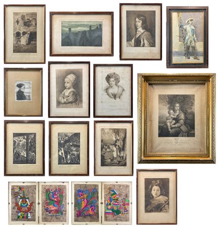 Cartone contenente numerose stampe di soggetti diversi e misure. In cornici (di