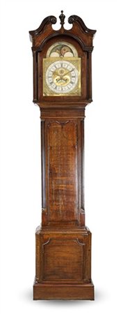 Orologio a cassalunga con cassa in mogano e legni vari, quadrante in metallo do