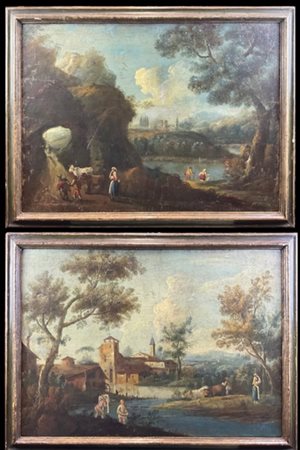 Scuola del secolo XVIII

"Paesaggio con lavandaie presso un arco roccioso" e "B