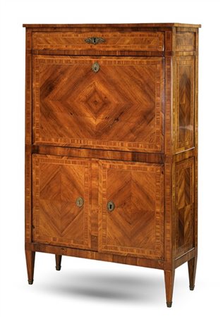 Secretaire lastronato e filettato in legni vari ad un cassetto sottopiano e cal