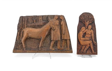 VITILIANO MARCHINI Gruppo di quattro formelle in legno intagliato con scene di g