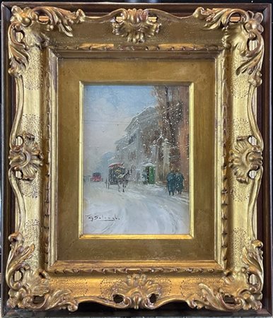 Giuseppe Solenghi "Caserma della cavalleria alla Cagnola sotto la neve" 
olio su