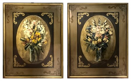 Bianca Poli Coppia di dipinti ad olio su tavola ovale raffiguranti fiori (cm 68x