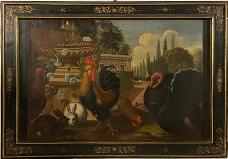 Ignoto"Animali da cortile in un giardino vicino a un palazzo principesco"
olio