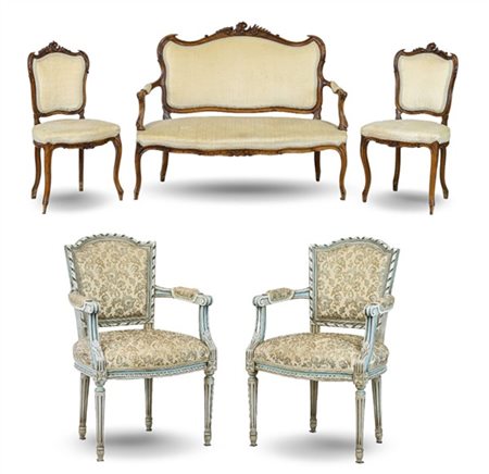 Lotto composto da una coppia di poltrone in stile Luigi XVI in legno laccato ed