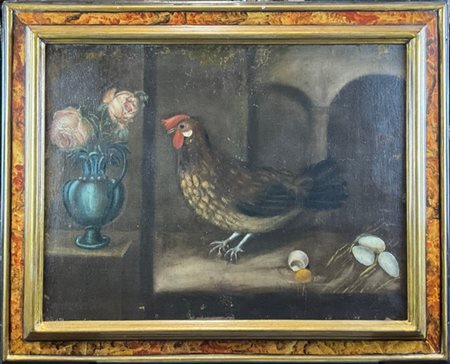 Ignoto

Antico dipinto raffigurante "Gallo, uova e vaso di fiori"
olio su tela
