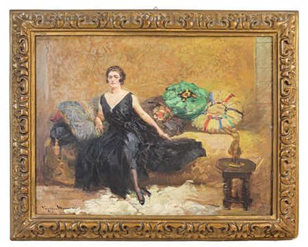 Cipriano Mannucci "Signora sul divano" 
olio su compensato (cm 47x61)
Firmato in