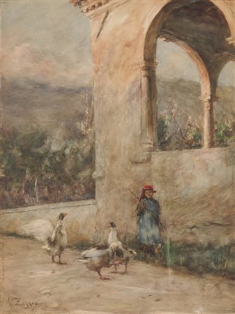 Alessandro Zezzos "La guardiana delle oche" 
acquerello su cartoncino (cm 70x50)