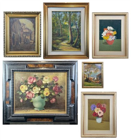 Lotto composto da sei dipinti ad olio su supporti differenti di cui tre raffigu