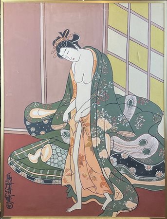 Ignoto, dipinto a tempera su tela raffigurante nudo femminile con kimono (cm 89