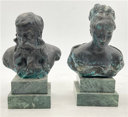Da Vincenzo Gemito
Coppia di busti in bronzo poggianti su base in marmo (cm max