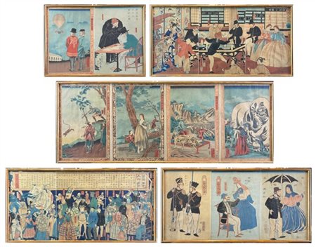 Gruppo di cinque tecniche miste con scene diverse. Giappone, periodo Meiji (186