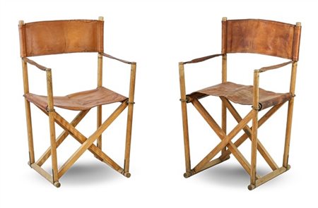 Coppia di sedie pieghevoli in legno con sedute e schienale in pelle (difetti)