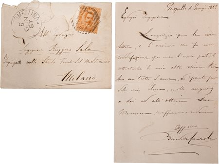 Benedetto Cairoli - Lettera autografa di ringraziamento con busta affrancata