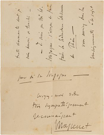 Jules Massenet - Lettera di tre facciate manoscritta e firmata