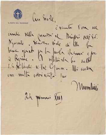 Benito Mussolini - Lettera autografa con firma di pugno