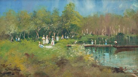 RICCIARDI OSCAR Napoli 24/02/1864 - 1935Gita in riva al lagoolio su tavola...