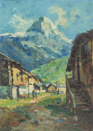 PITTORE DEL XX SECOLO Borgo montanoolio su masonite cm. 70x50, reca la firma...