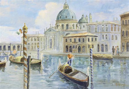PITTORE DEL XX SECOLO Venezia, gondolieriolio su tela cm. 69x100, reca la...