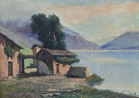 MANCINELLI GUSTAVO Roma 1842 - Napoli 1906Casolari lungolagoolio su tela cm....