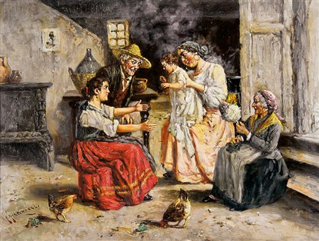 GIARDIELLO GIUSEPPE Napoli 1887 - 1920Scena di vita familiareolio su tela cm....
