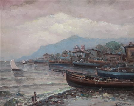 BUONO LEON GIUSEPPE Napoli 1887 - Pozzuoli 1975Paesaggio e barche in...