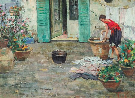 IROLLI VINCENZO Napoli 30/09/1860 - 27/11/1942In terrazza, ragazza che stende...
