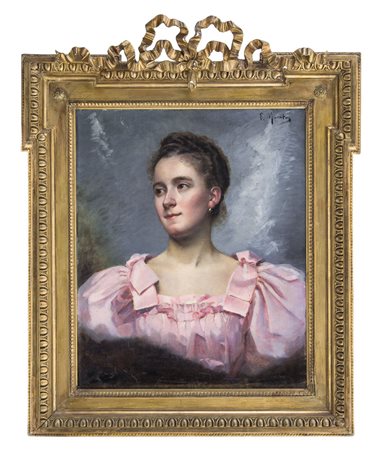 MURATON LOUISE 1850 - 1901Profilo di fanciulla con vestito rosaolio su tela...