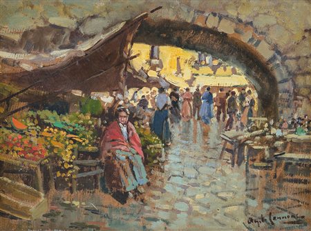 CANNONE ANGELO 1899 - 1992Mercatinoolio su cartone cm. 25x35, firma in basso...