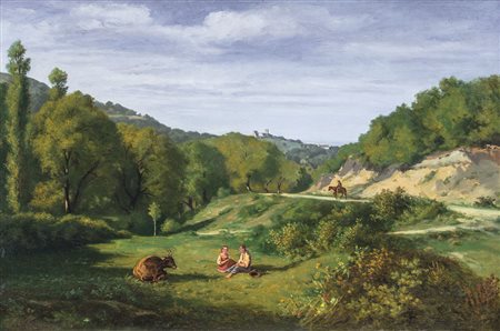 ANRIOUD GASPARRE 1809 - 1866Paesaggio con pastori a riposoolio su tela cm....