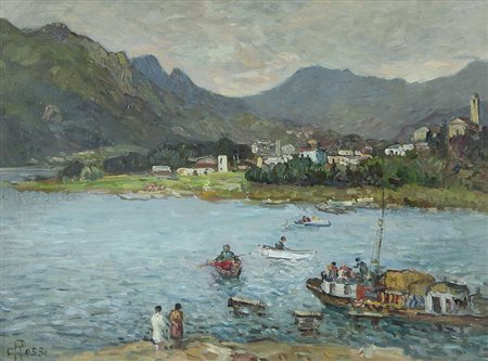 ROSSI CARLO Il Lago di Pusiano, Brianza, 1972olio su masonite cm. 35x47,...