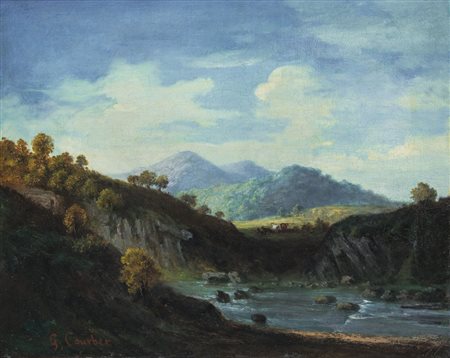 PITTORE DEL XIX SECOLO Paesaggio con lagoolio su tela cm. 65x82, reca la...