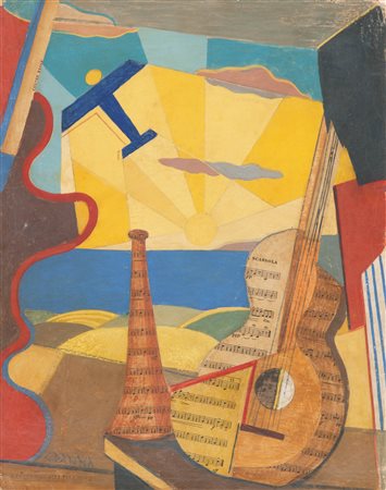 Giulio D'Anna (Villarosa 1908 - Messina 1978) Natura morta con aereo Caproni,...