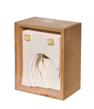 Angela Glajcar (Mainz 1970) Senza titolo;Box il legno, carta, stoffa, h. 37 x...