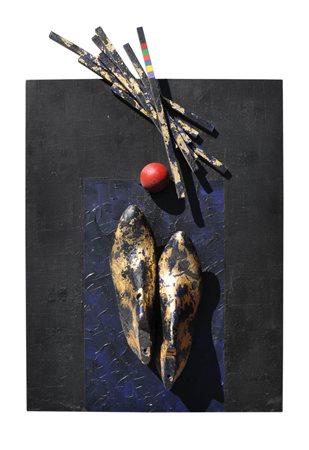 Diego Mazzonelli (Terlago 1943) Passi, 1996;Tecnica mista, legno, 59 x 46 x...