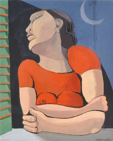 Luigi Guerricchio (Matera 1932 - 1996) Donna alla finestra;Olio su tela, 40 x...