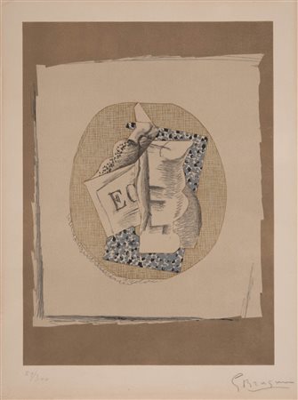 George Braque (1882 - 1963) Verre et Journal, 1963;Litografia a col. su...