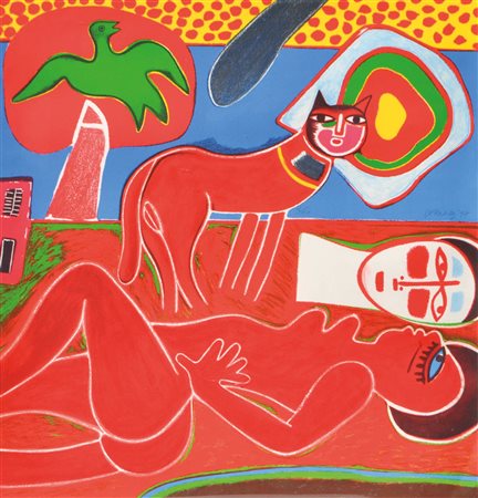 Corneille (Lüttich 1922 - Auvers-sur-Oise 2010) Donna rossa con gatto,...