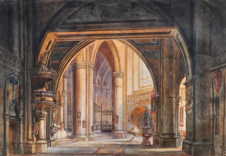 Carl Goebel (Wien/Vienna 1824 - 1899) Interno di una chiesa gotica;Acquerello...