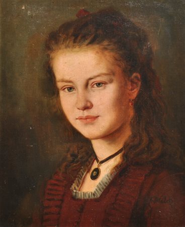 Thomas Walch (Imst 1867 - 1943) Ritratto di ragazza con medaglione;Olio su...