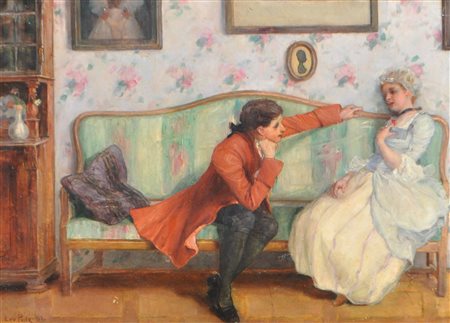 Leo Putz (Meran/Merano 1869 - 1940) Coppia rococò sul divano, 1893;Olio su...